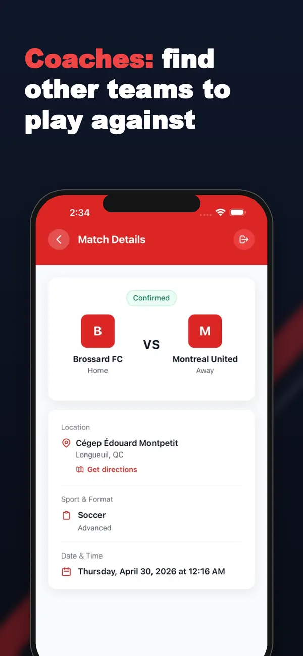 Détails d'un match confirmé entre deux équipes dans SportsDock