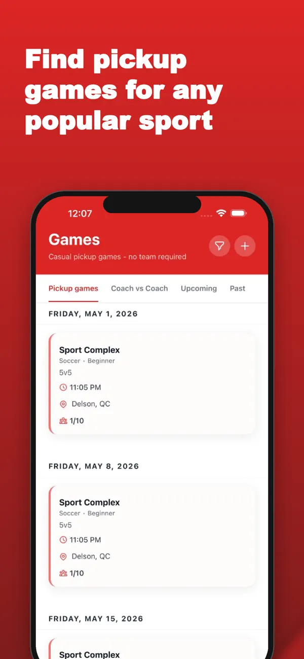 Aperçu SportsDock montrant les matchs libres dans l'application