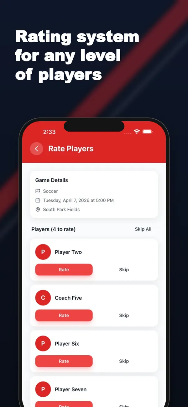 Évaluation des joueurs après un match dans SportsDock
